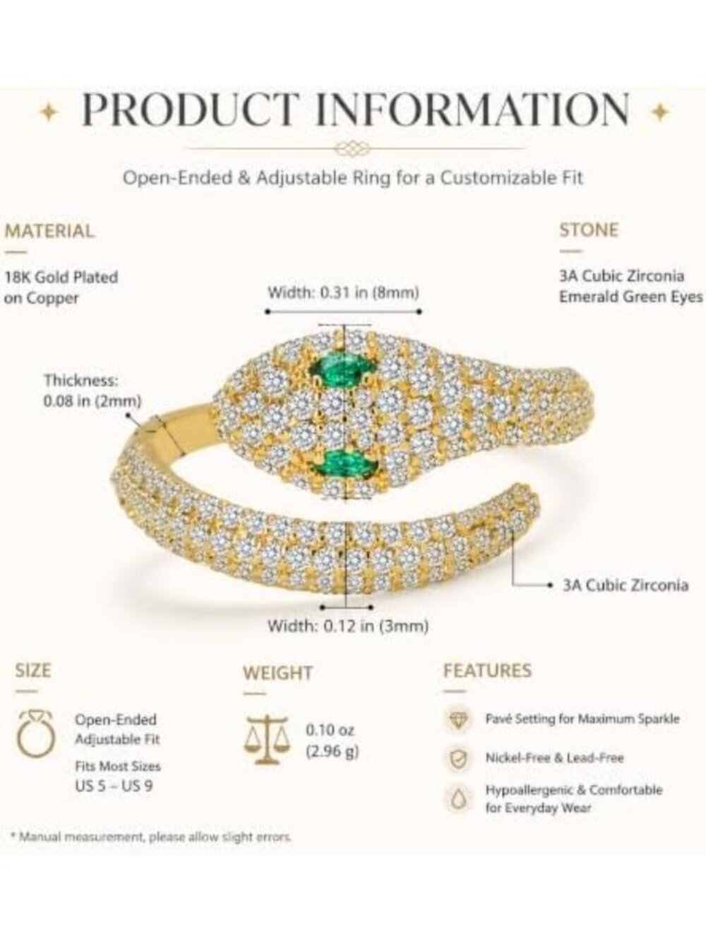 Adjustable 18K Gold Plated Snake Ring for Women, Statement Jewelry with Cubic - Picture 5 of 6